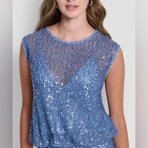 DKNY Blue Sequin Mesh Sleeveless Top